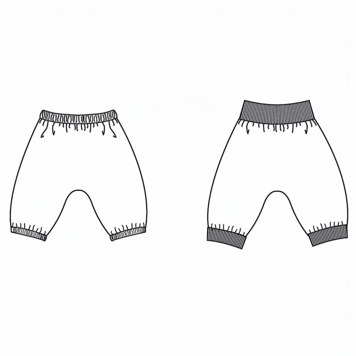 Patternforkids Schnittmuster Babyhose 2-in-1 BREK als technische Skizze von Pumphose und Leggings mit Bündchen