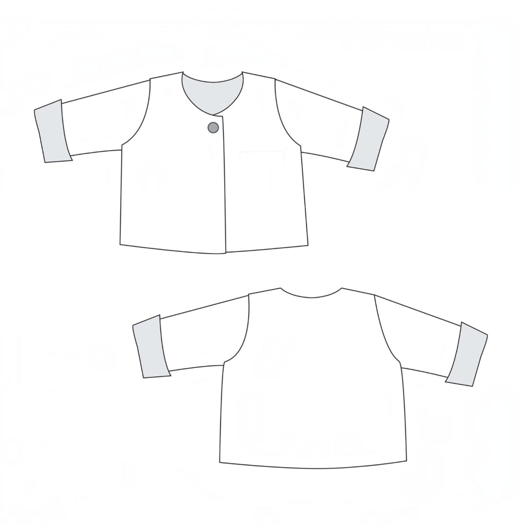 Patternforkids Schnittmuster Babyjacke FILIPPA mit Armumschlägen und Knopfverschluss als technische Skizze