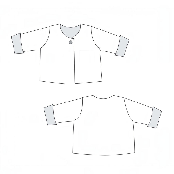 Patternforkids Schnittmuster Babyjacke FILIPPA mit Armumschlägen und Knopfverschluss als technische Skizze