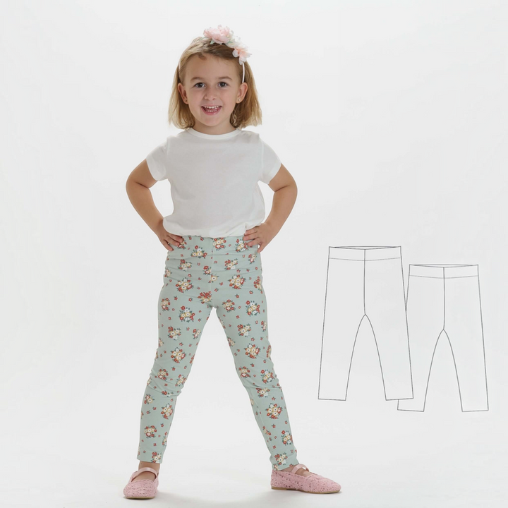 Patternforkids Schnittmuster ENNA Leggings für Kinder mit Blumenmuster, getragen von einem Mädchen mit weißem Shirt