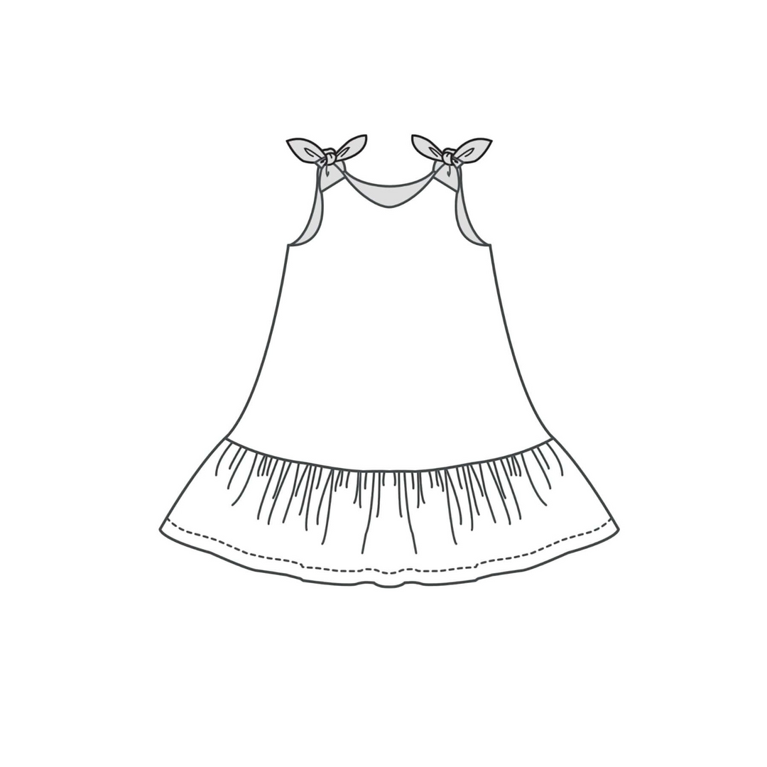 Patternforkids Schnittmuster A-Linien Kleid Siena mit Saumrüsche und Schleifenträgern als technische Zeichnung