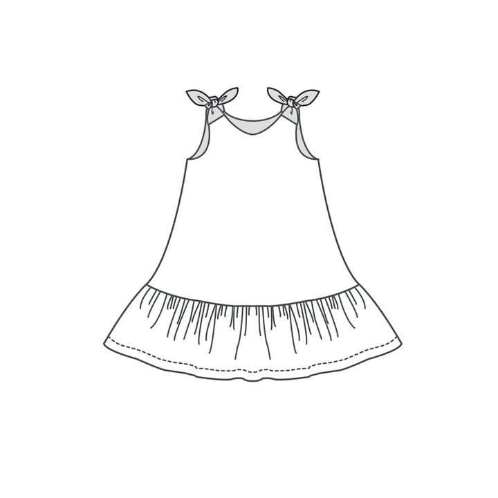 Patternforkids Schnittmuster A-Linien Kleid Siena mit Saumrüsche und Schleifenträgern als technische Zeichnung