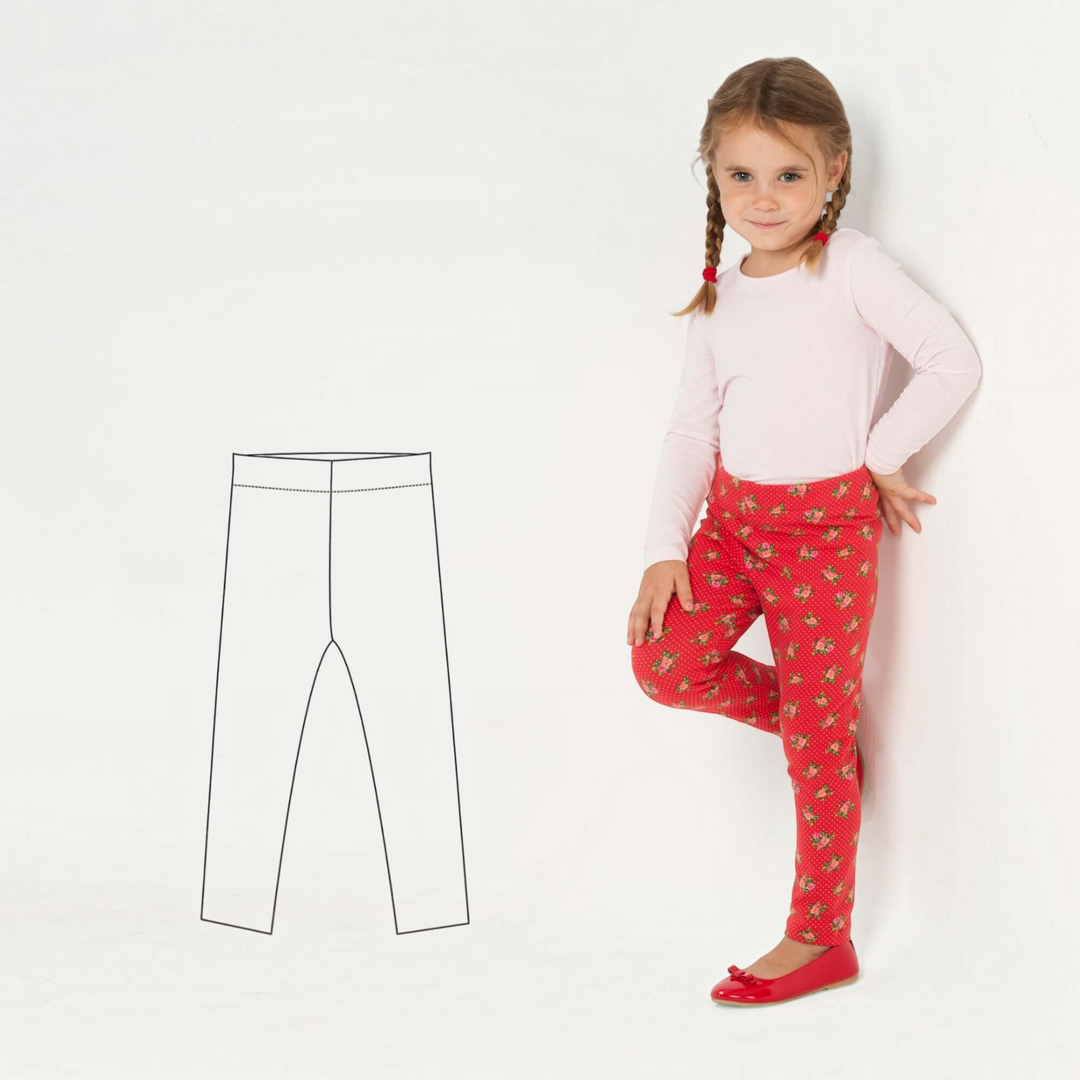 Patternforkids Schnittmuster Leggings ENNA: Mädchen trägt rote geblümte Jersey-Leggings mit elastischem Bund.