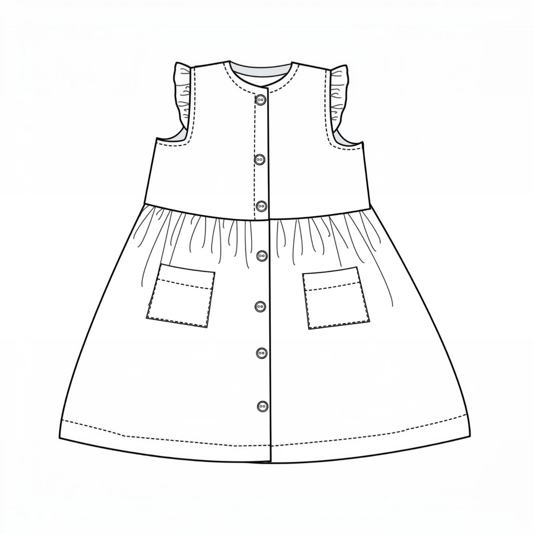 Patternforkids Schnittmuster MIMI: Ärmelloses Mädchenkleid mit Knopfleiste, Volants an den Schultern und aufgesetzten Taschen