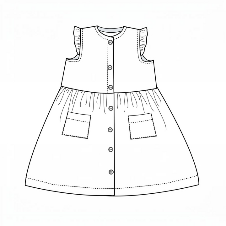 Patternforkids Schnittmuster MIMI: Ärmelloses Mädchenkleid mit Knopfleiste, Volants an den Schultern und aufgesetzten Taschen