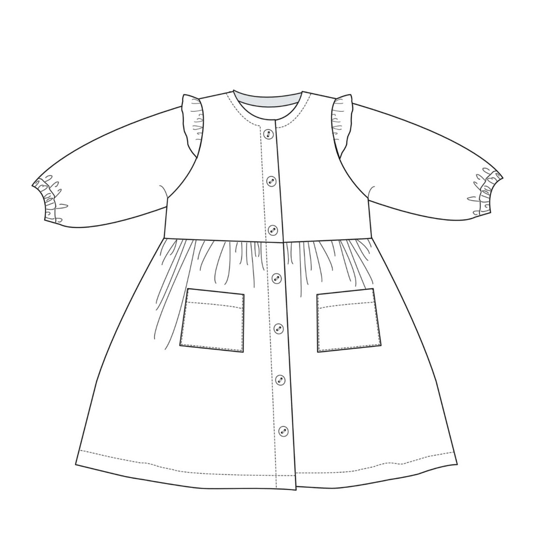 Patternforkids Schnittmuster MIMI Mädchenkleid mit Rüschenärmeln, Knopfleiste und aufgesetzten Taschen als Skizze