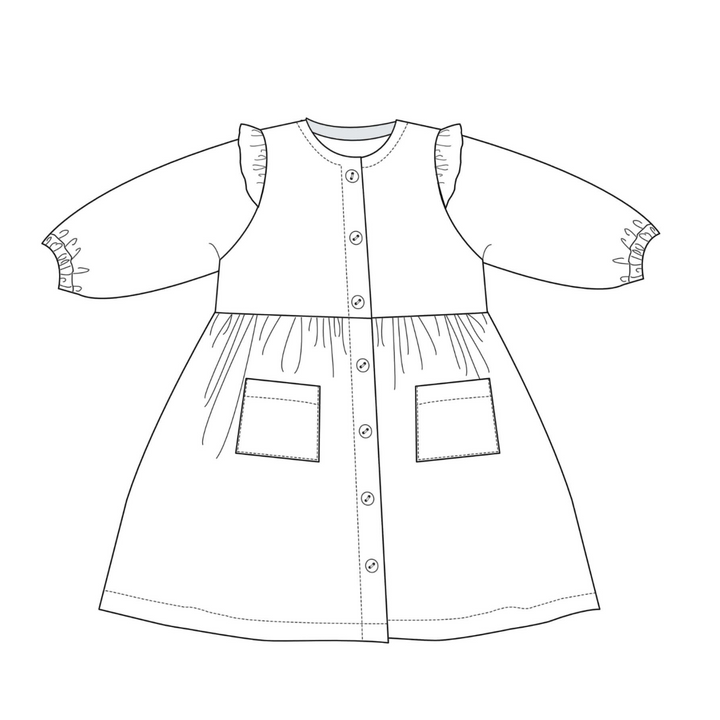 Patternforkids Schnittmuster MIMI Mädchenkleid mit Rüschenärmeln, Knopfleiste und aufgesetzten Taschen als Skizze