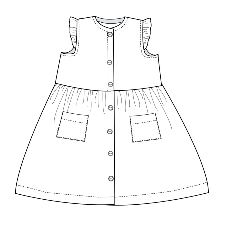 Patternforkids Schnittmuster MIMI: Technische Zeichnung eines ärmellosen Mädchenkleids mit Rüschen und aufgesetzten Taschen