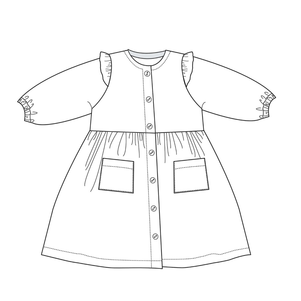 Patternforkids Schnittmuster MIMI Mädchenkleid mit Knopfleiste, Volants und aufgesetzten Taschen als technische Skizze