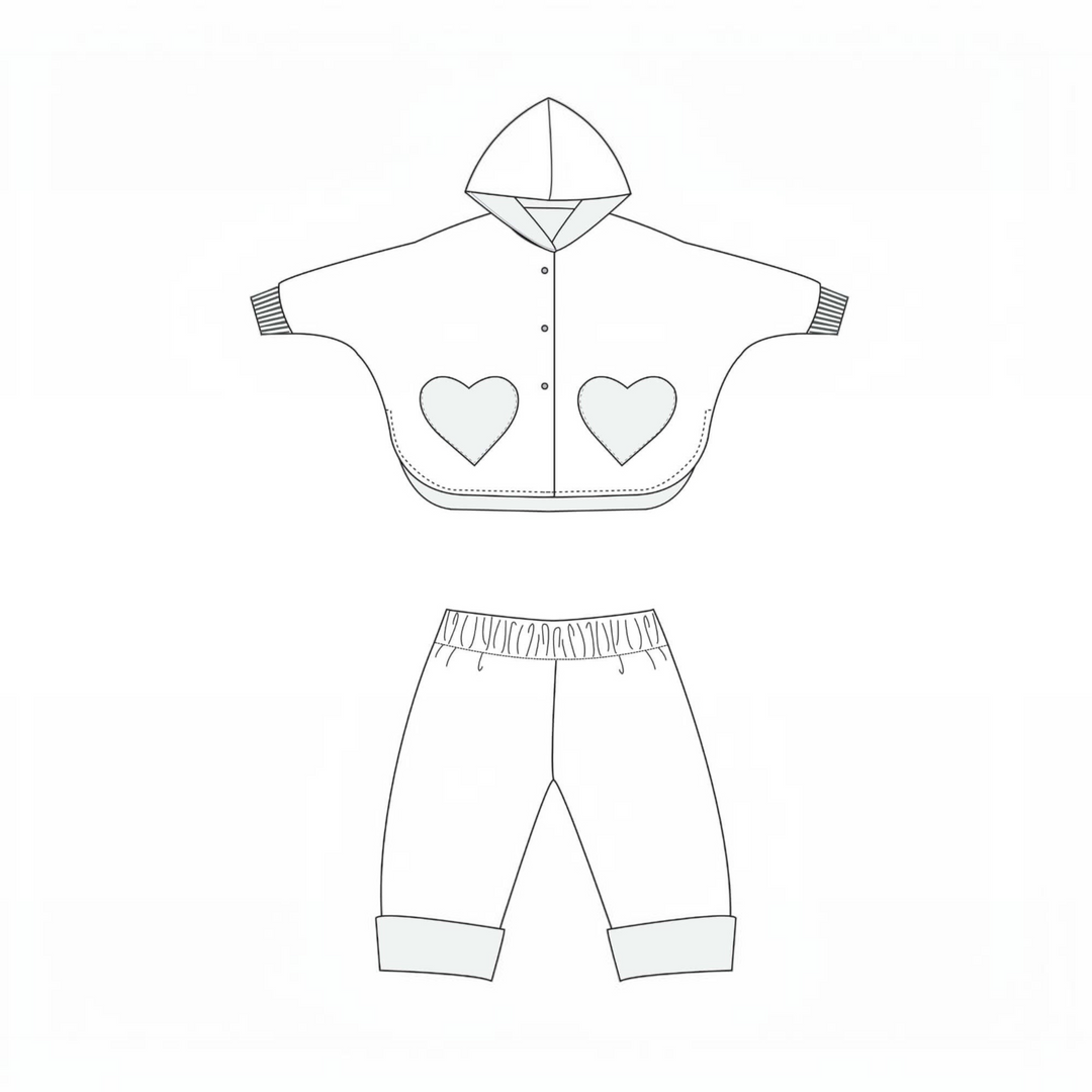 Patternforkids Schnittmuster Set MARA FIOCCO: Technische Skizze eines wendbaren Kinder-Ponchos und einer Wendehose.