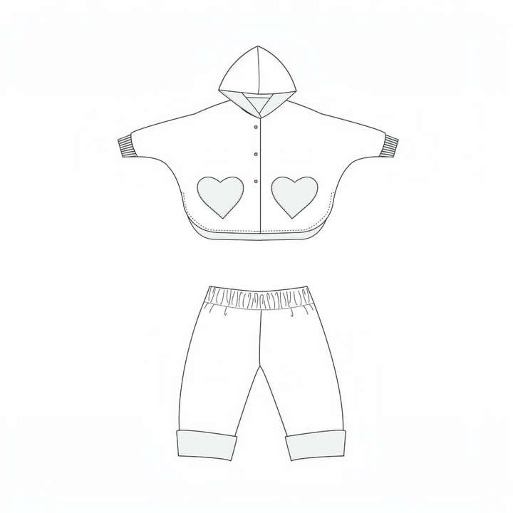 Patternforkids Schnittmuster Set MARA FIOCCO: Technische Skizze eines wendbaren Kinder-Ponchos und einer Wendehose.