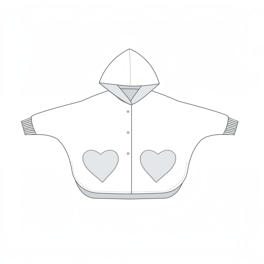 Patternforkids Schnittmuster Wendeponcho MARA mit Kapuze und Herztaschen als technische Zeichnung