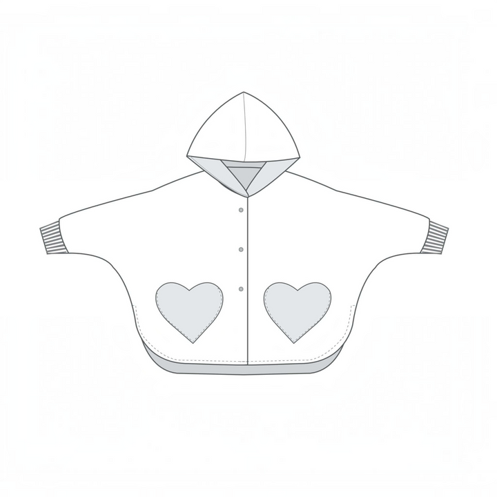 Patternforkids Schnittmuster Wendeponcho MARA mit Kapuze und Herztaschen als technische Zeichnung