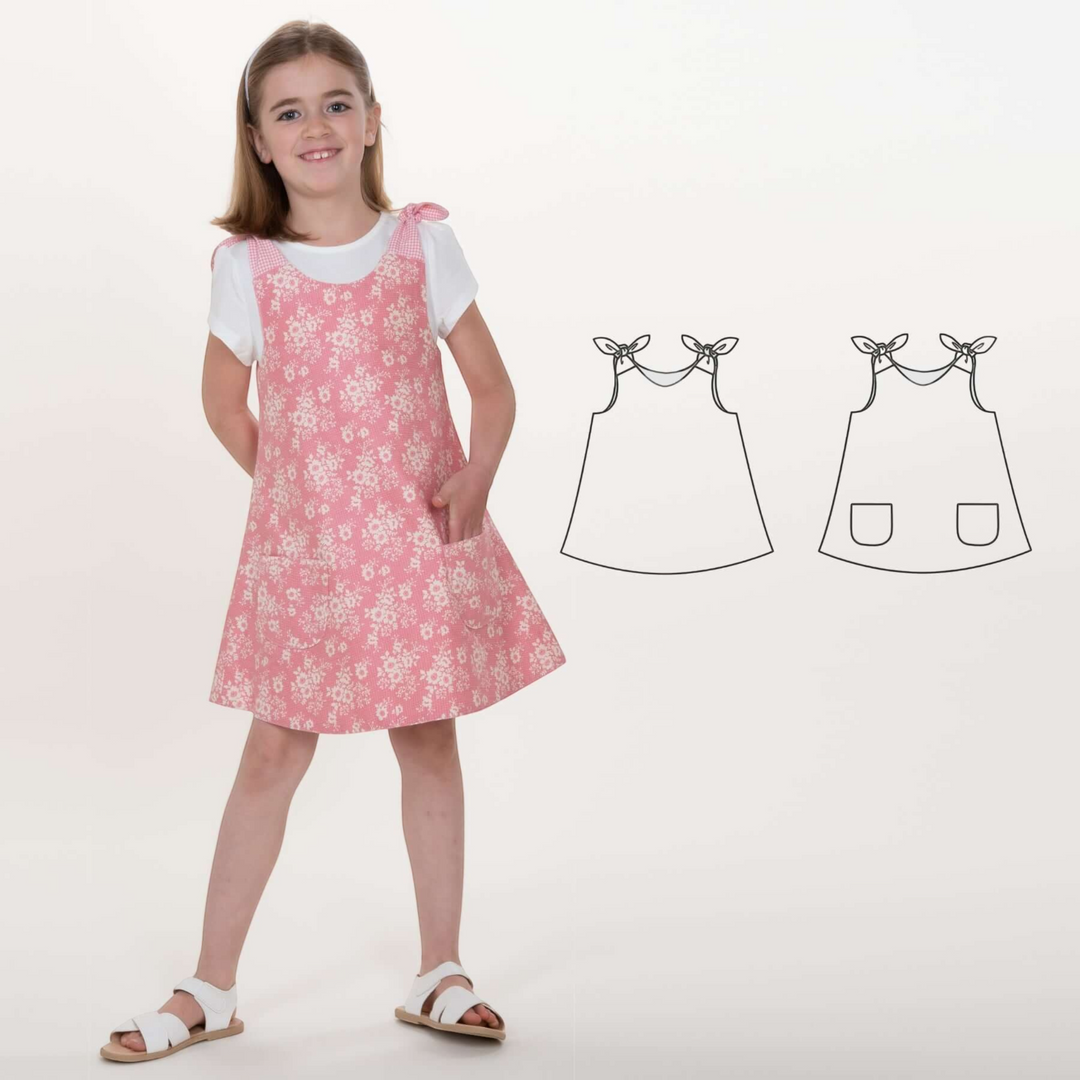 Patternforkids Schnittmuster Siena A-Linien Kleid für Mädchen mit Blumenmuster, Taschen und Schleifen an den Trägern