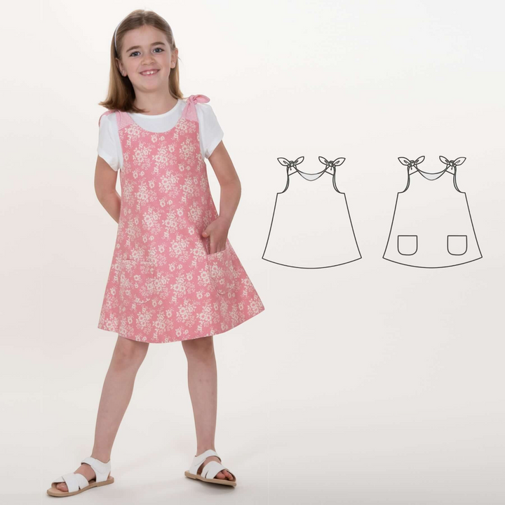 Patternforkids Schnittmuster Siena A-Linien Kleid für Mädchen mit Blumenmuster, Taschen und Schleifen an den Trägern