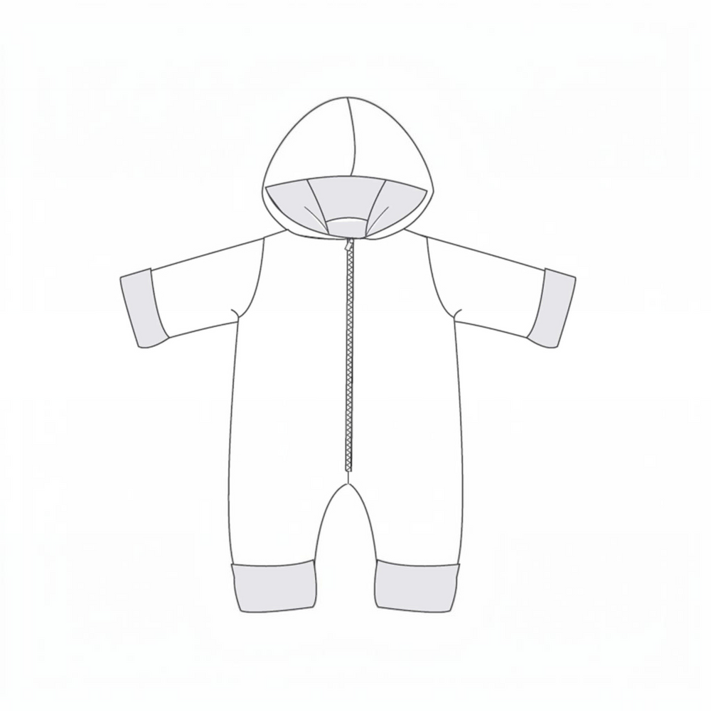 Patternforkids SOLE Schnittmuster für einen Baby-Kapuzenstrampler mit Reißverschluss und Umschlägen als technische Zeichnung