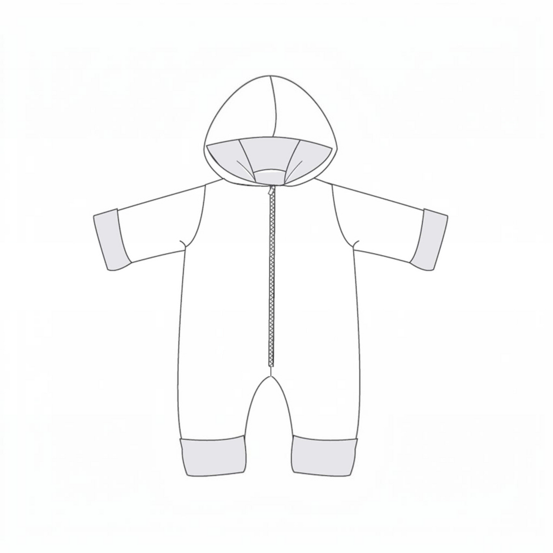 Patternforkids SOLE Schnittmuster für einen Baby-Kapuzenstrampler mit Reißverschluss und Umschlägen als technische Zeichnung
