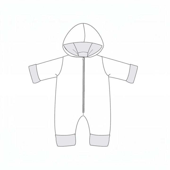 Patternforkids SOLE Schnittmuster für einen Baby-Kapuzenstrampler mit Reißverschluss und Umschlägen als technische Zeichnung