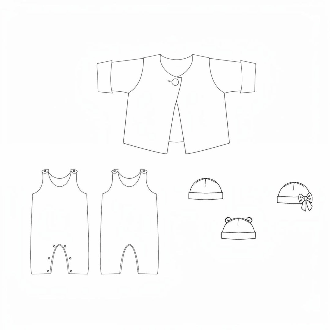 Baby Set pdf Schnittmuster PLINIO FILIPPA BUBU – Overall, Jacke & Mütze 56/62–92/98 Nähmuster für Baby-Outfit