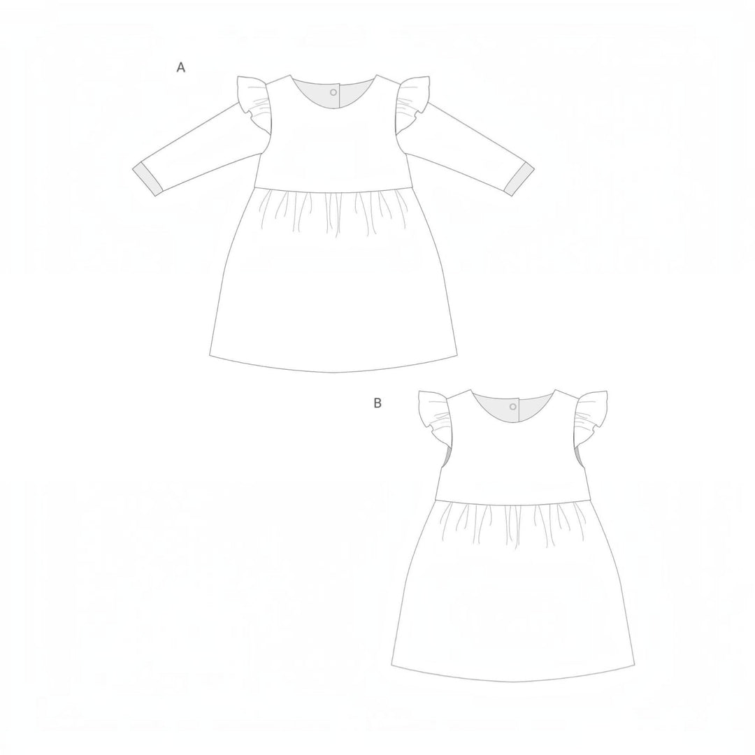 Schnittmuster Retro Kleid für Mädchen ELLA PDF, Varianten A und B, Entwurfskizze des Kleides mit Volumenrock.