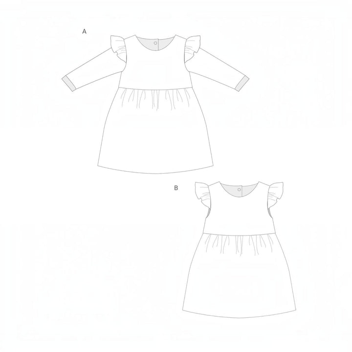 Schnittmuster Retro Kleid für Mädchen ELLA PDF, Varianten A und B, Entwurfskizze des Kleides mit Volumenrock.