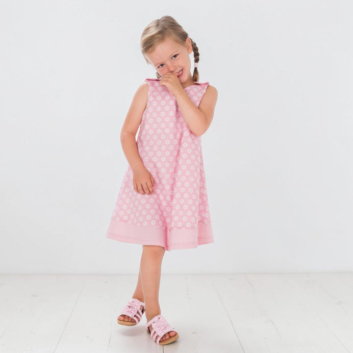 Tunika Kleid pdf Schnittmuster JULE ANTONIA STEFFI – 3-in-1 74/80–146/152, Mädchenkleid in Rosa mit Punkten.