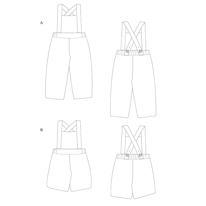 Schnittmuster Kleinkind Latzhose MAX PDF 2 in 1, Illustrationen von Latzhosen für Kleinkinder, Design A und B.