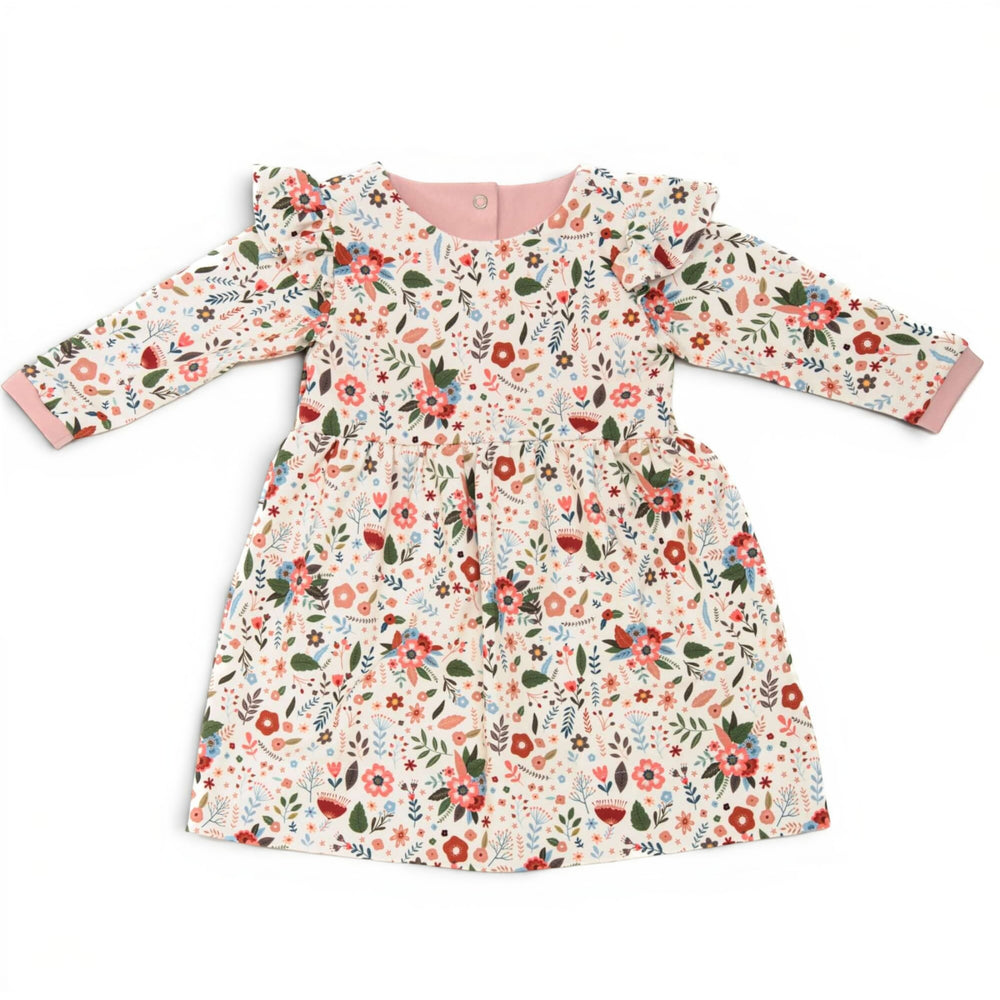 Schnittmuster Retro Kleid für Mädchen ELLA PDF - Blütenmuster Kleid mit Volumenrock und Rüschenärmel.
