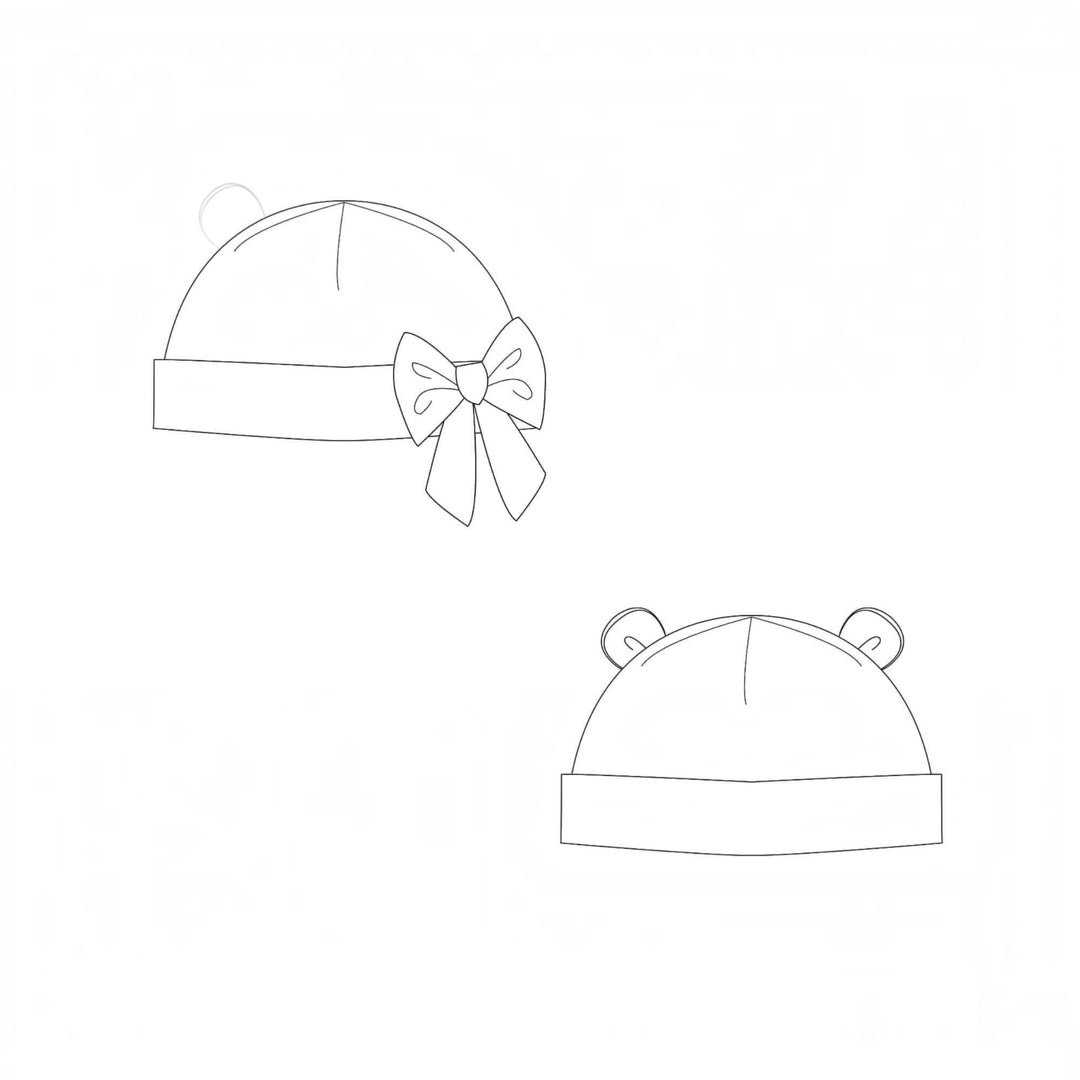 Baby Strampler PDF Schnittmuster DOLCE & Mütze MILA – Set 56/62–92/98, Baby-Mützen mit Schleife und Ohren.