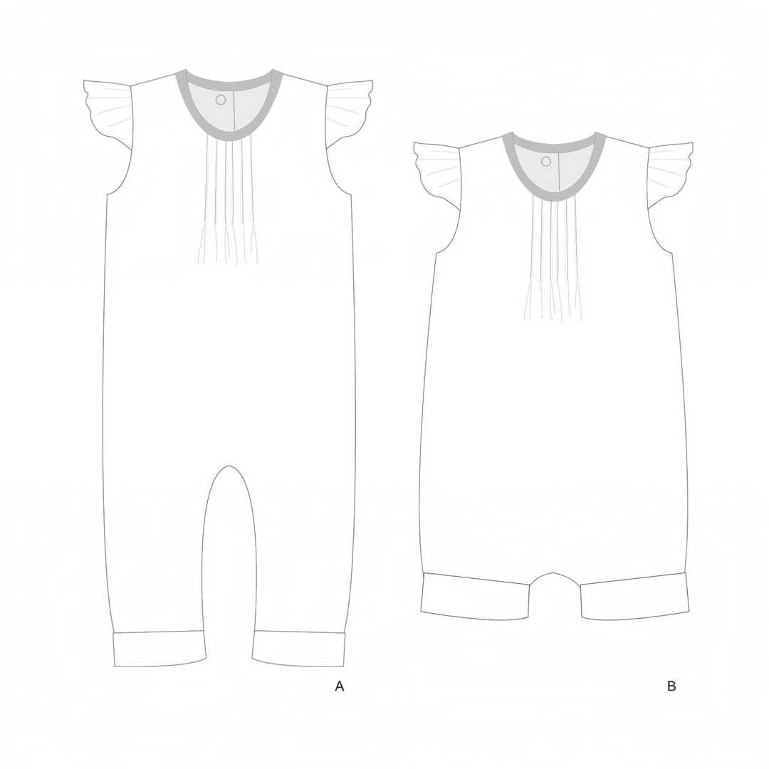 Schnittmuster Baby Overall MIA PDF - Zeichnung von Baby Overall Jumpsuit MIA mit Rüschenaermeln und Falten am Ausschnitt.
