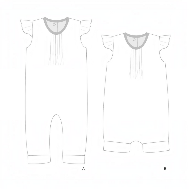 Schnittmuster Baby Overall MIA PDF - Zeichnung von Baby Overall Jumpsuit MIA mit Rüschenaermeln und Falten am Ausschnitt.