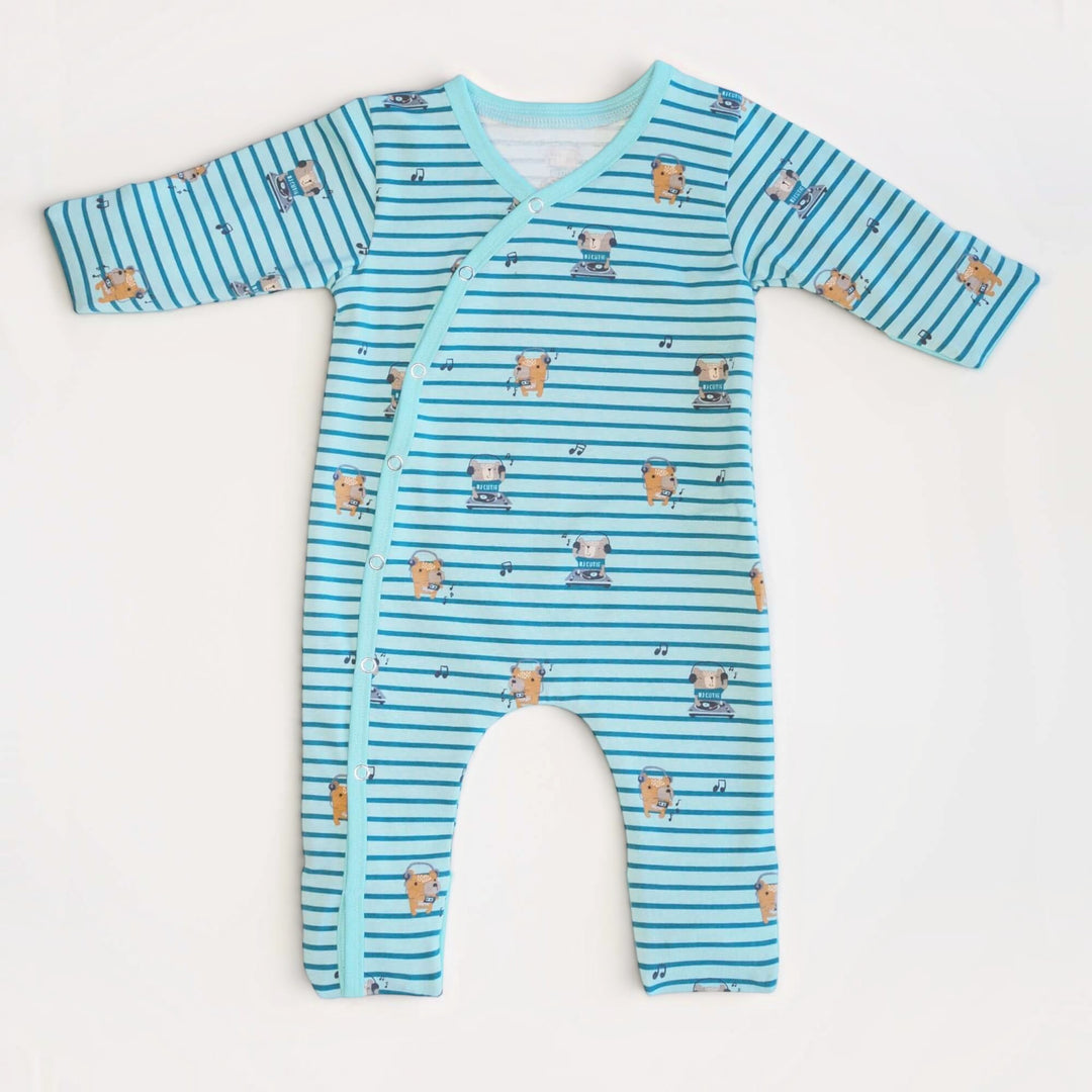 Baby Strampler PDF Schnittmuster DAVID – Schlafanzug mit Umschlagbündchen 50/56–98/104 in blau mit Tiermotiven