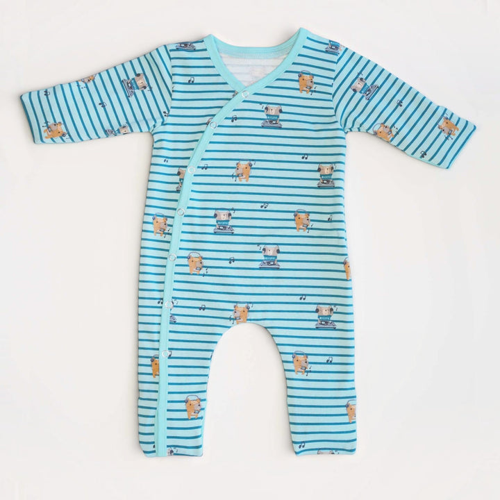 Baby Strampler PDF Schnittmuster DAVID – Schlafanzug mit Umschlagbündchen 50/56–98/104 in blau mit Tiermotiven