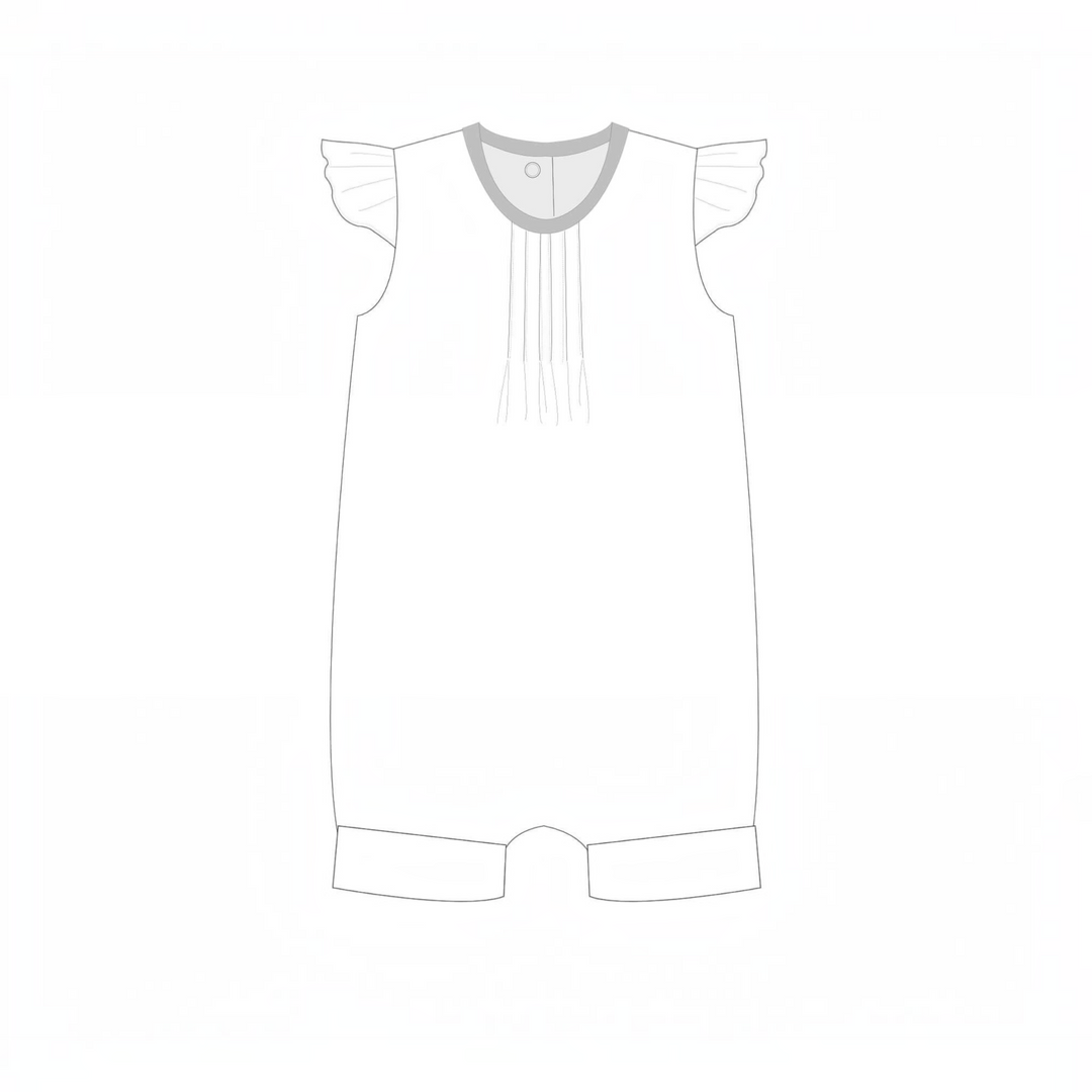 Schnittmuster Baby Overall MIA PDF digitaler Baby Jumpsuit mit Rüschenaermeln und Falten am Ausschnitt.