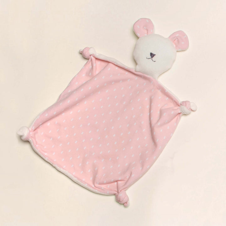 Kuscheltier PDF Schnittmuster TONDINO – Baby Schmusetuch 3-in-1, rosa Schmusetuch mit Kopf eines süßen Tieres.