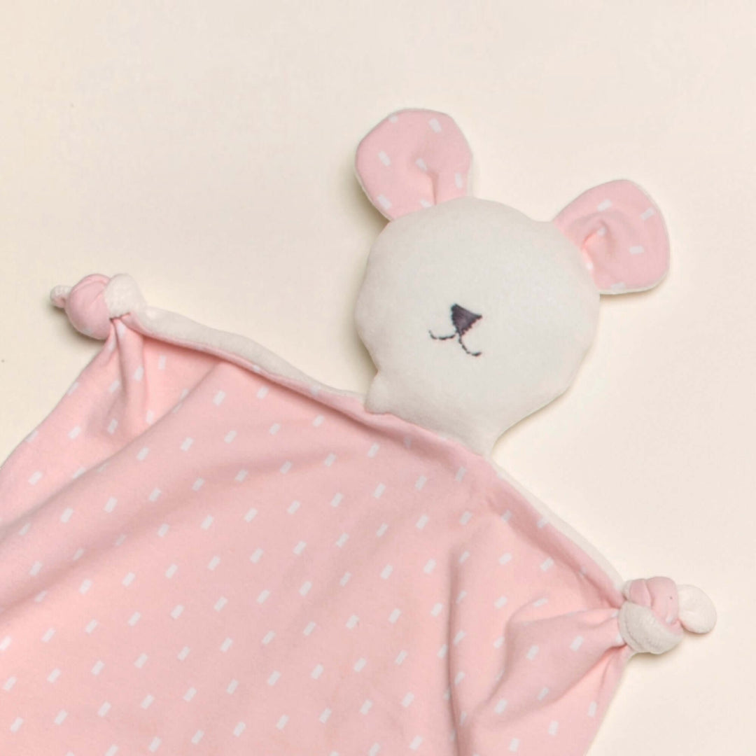 Kuscheltier PDF Schnittmuster TONDINO – Baby Schmusetuch 3-in-1: rosa Schmusetuch mit Tiermotiv.