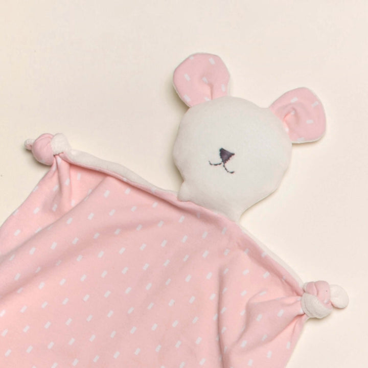 Kuscheltier PDF Schnittmuster TONDINO – Baby Schmusetuch 3-in-1: rosa Schmusetuch mit Tiermotiv.