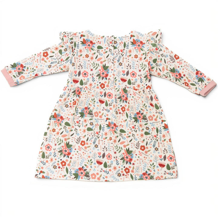 Schnittmuster Retro Kleid für Mädchen ELLA PDF - hübsches Kleid mit buntem Blumenmuster und Rüschendetails.