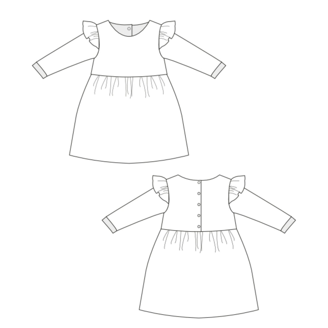 Babykleid PDF Schnittmuster ELLA – Retro Kleid mit 2 Varianten 50/56–98/104: Skizze von Langarm- und ärmellosem Kleid.