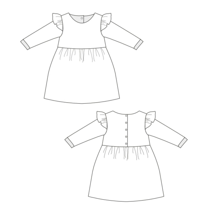 Babykleid PDF Schnittmuster ELLA – Retro Kleid mit 2 Varianten 50/56–98/104: Skizze von Langarm- und ärmellosem Kleid.
