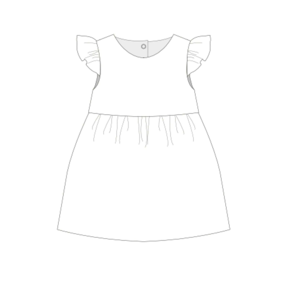 Babykleid PDF Schnittmuster ELLA – Retro Kleid mit 2 Varianten 50/56–98/104, gezeichnetes Design eines Mädchenkleids.