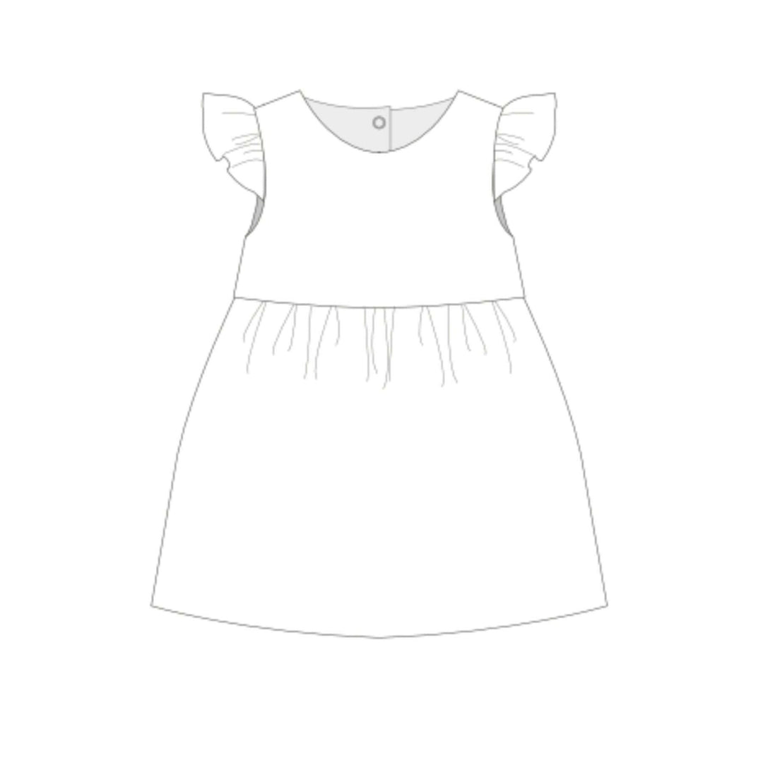 Babykleid PDF Schnittmuster ELLA – Retro Kleid mit 2 Varianten 50/56–98/104, gezeichnetes Design eines Mädchenkleids.