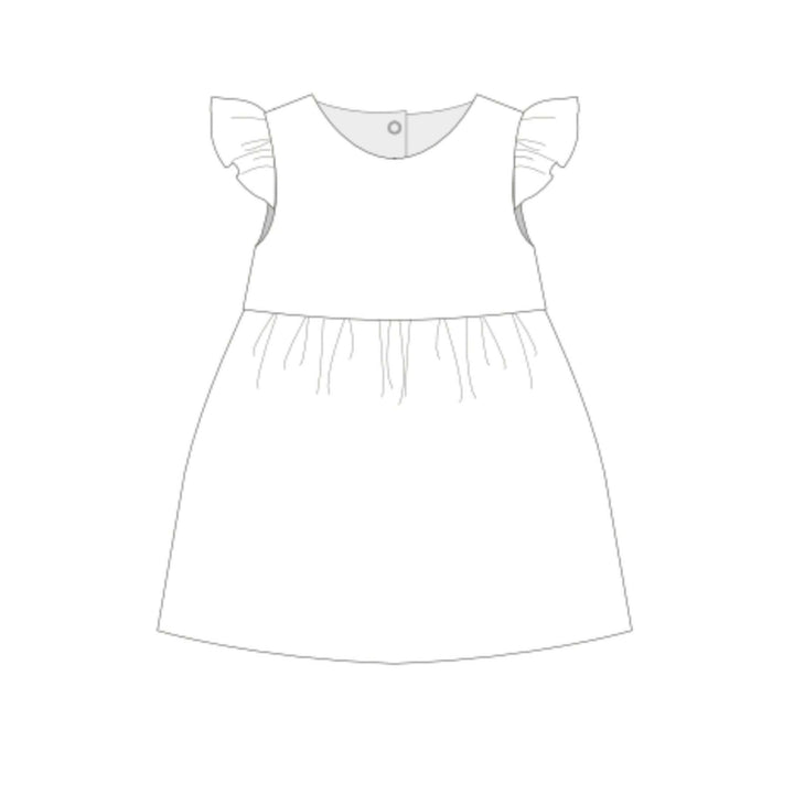 Babykleid PDF Schnittmuster ELLA – Retro Kleid mit 2 Varianten 50/56–98/104, gezeichnetes Design eines Mädchenkleids.