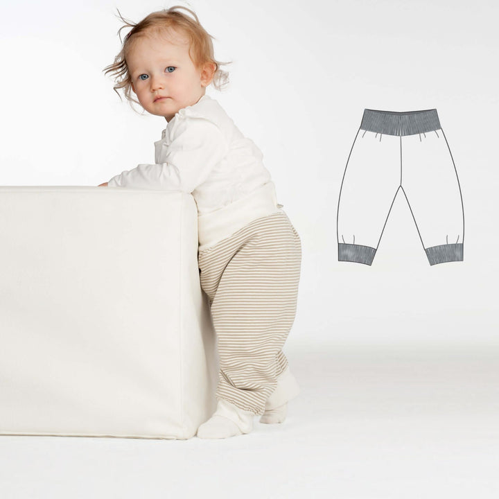 Baby Wendehose PDF Schnittmuster LUCCA – Jerseyhose mit Bündchen 62/68–98/104, wendbare Babyhose in gestreiftem Jersey.