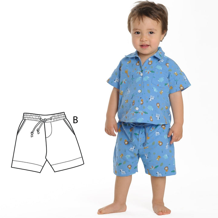 Schnittmuster Hose für Baby und Kinder NOAH lang u. kurz, Junge trägt blaues Set mit Tiermustern.