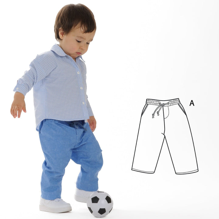 Schnittmuster Hose für Baby und Kinder NOAH lang u. kurz - Kind mit Ball und Schnittzeichnung der Hose.
