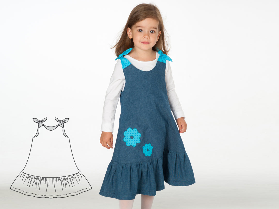 Schnittmuster Mädchenkleid STEFFI Gr. 74-152, lässiges Sommerkleid für kleine Mädchen mit Blumenapplikationen.
