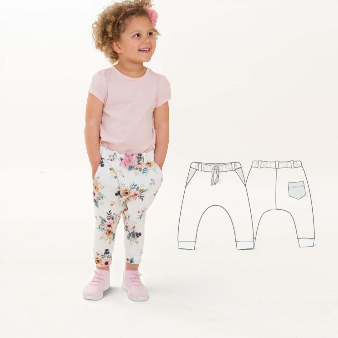 Haremshose PDF Schnittmuster DADO – Baggy Kinderhose mit Taschen 92/98–140/146, kind in bunter Hose mit Taschen.