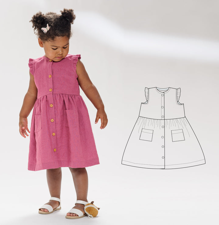 Schnittmuster Sommer Mädchenkleid MIMI, lila Kleid mit Knopfleiste und Rüschen, Größe 6M-7J.