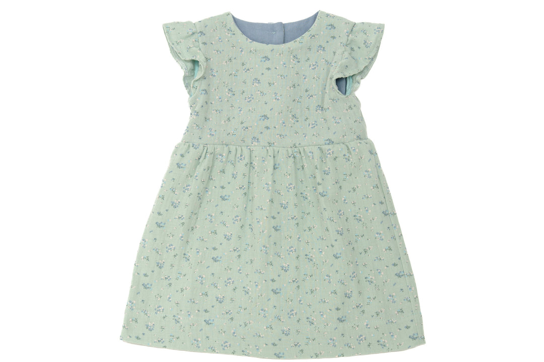 Schnittmuster Retro Kleid für Mädchen ELLA mit langen Ärmeln in hellgrünem Blumendesign.